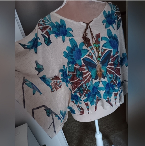 Unbranded~Blue & Brown Floral Butterfly Top Bat Wing Sleeves Feather Beaded Tie - Picture 1 of 15